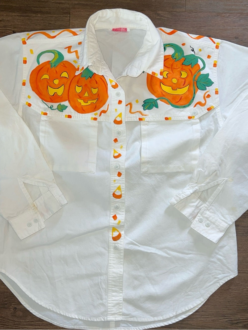 White Button-Down Shirt with Hand-Painted Pumpkin Accent